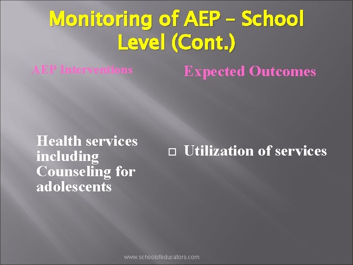 Monitoring of AEP – School Level (Cont. ) Expected Outcomes AEP Interventions Health services