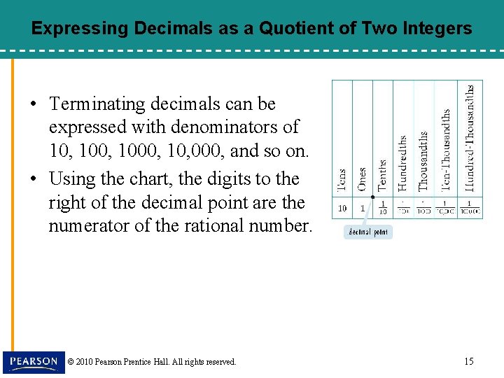 Expressing Decimals as a Quotient of Two Integers • Terminating decimals can be expressed