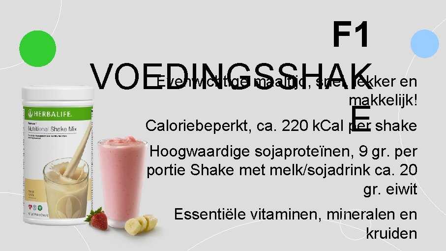 F 1 Evenwichtige maaltijd, snel, lekker en VOEDINGSSHAK makkelijk! Caloriebeperkt, ca. 220 k. Cal
