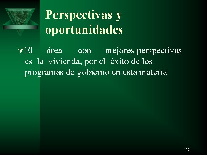 Perspectivas y oportunidades Ú El área con mejores perspectivas es la vivienda, por el