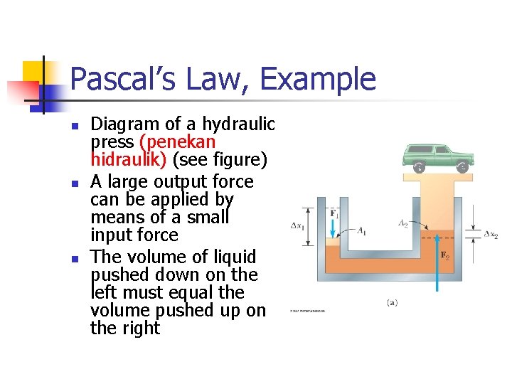 Pascal’s Law, Example n n n Diagram of a hydraulic press (penekan hidraulik) (see