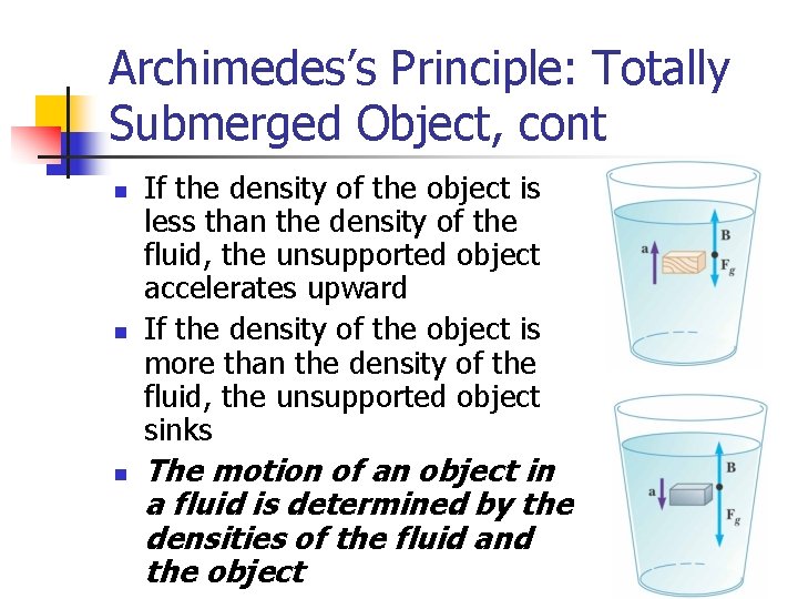 Archimedes’s Principle: Totally Submerged Object, cont n n n If the density of the