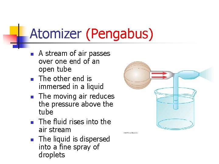 Atomizer (Pengabus) n n n A stream of air passes over one end of