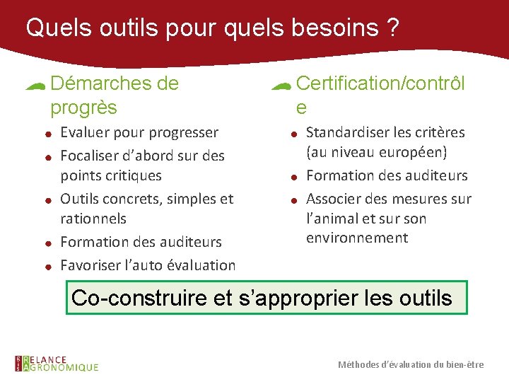 Quels outils pour quels besoins ? Démarches de progrès Evaluer pour progresser Focaliser d’abord