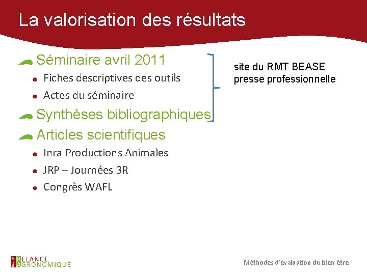 La valorisation des résultats Séminaire avril 2011 Fiches descriptives des outils Actes du séminaire