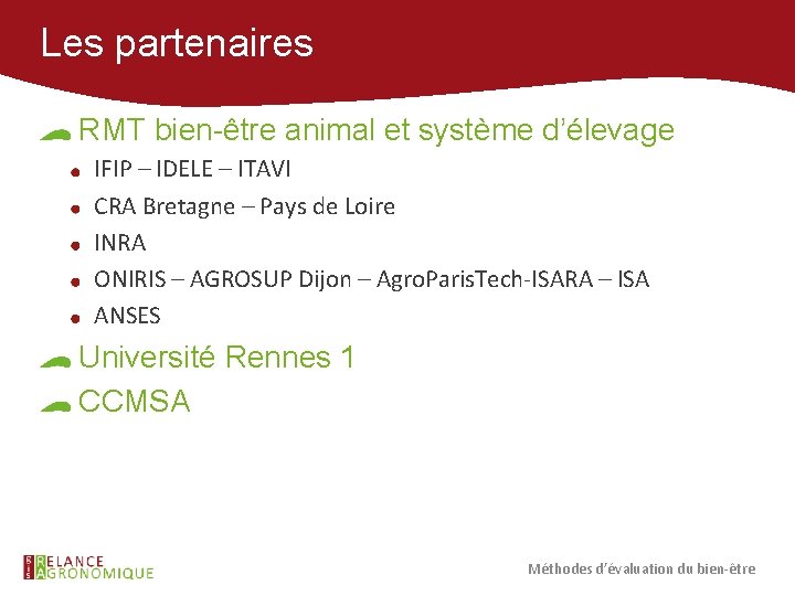 Les partenaires RMT bien-être animal et système d’élevage IFIP – IDELE – ITAVI CRA