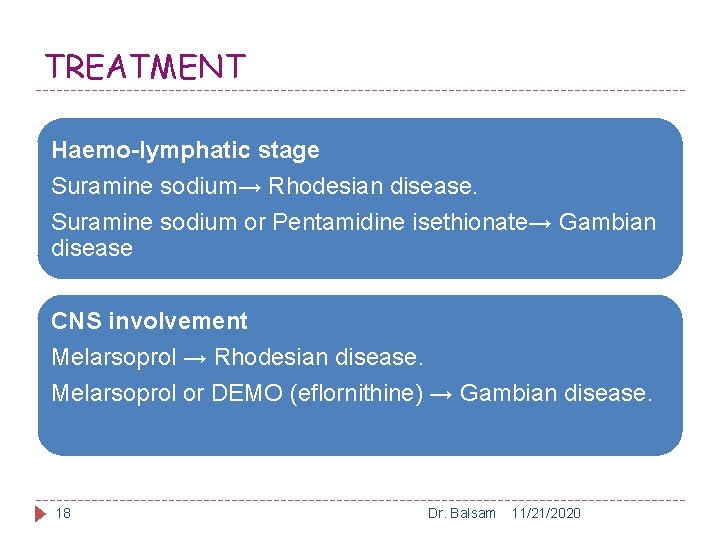 TREATMENT Haemo-lymphatic stage Suramine sodium→ Rhodesian disease. Suramine sodium or Pentamidine isethionate→ Gambian disease