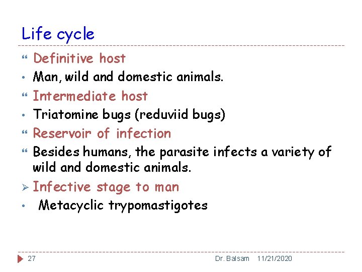 Life cycle Definitive host • Man, wild and domestic animals. Intermediate host • Triatomine