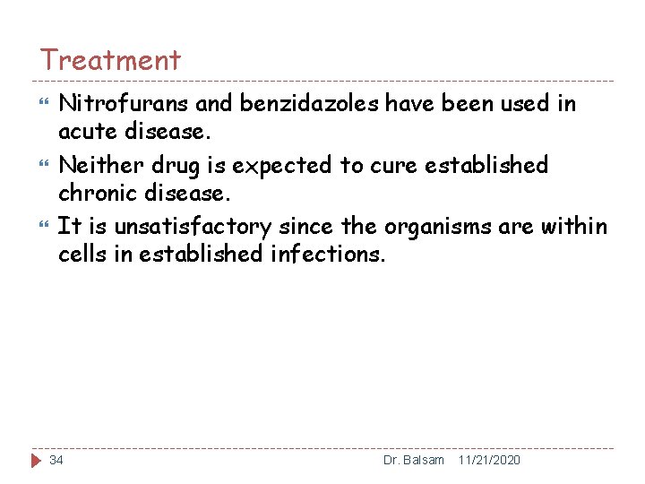 Treatment Nitrofurans and benzidazoles have been used in acute disease. Neither drug is expected