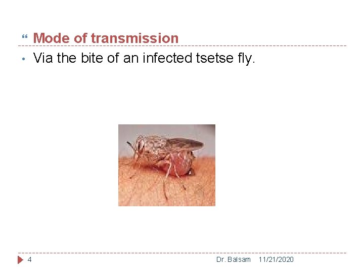 Mode of transmission Via the bite of an infected tsetse fly. • 4 Dr.