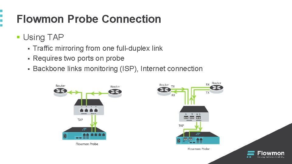 Flowmon Probe Connection § Using TAP § § § Traffic mirroring from one full-duplex