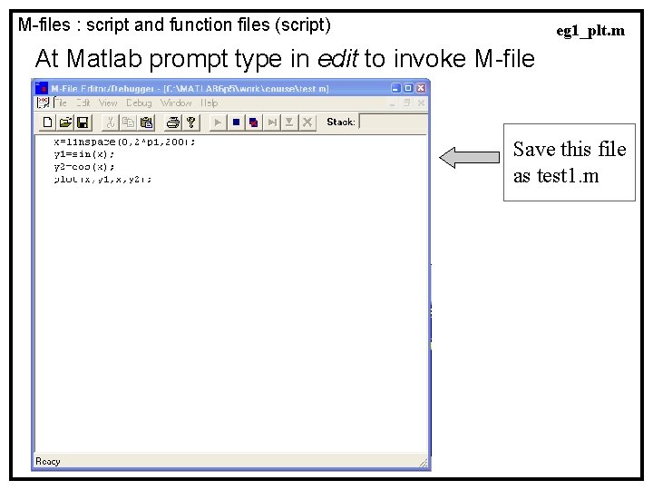 M-files : script and function files (script) eg 1_plt. m At Matlab prompt type