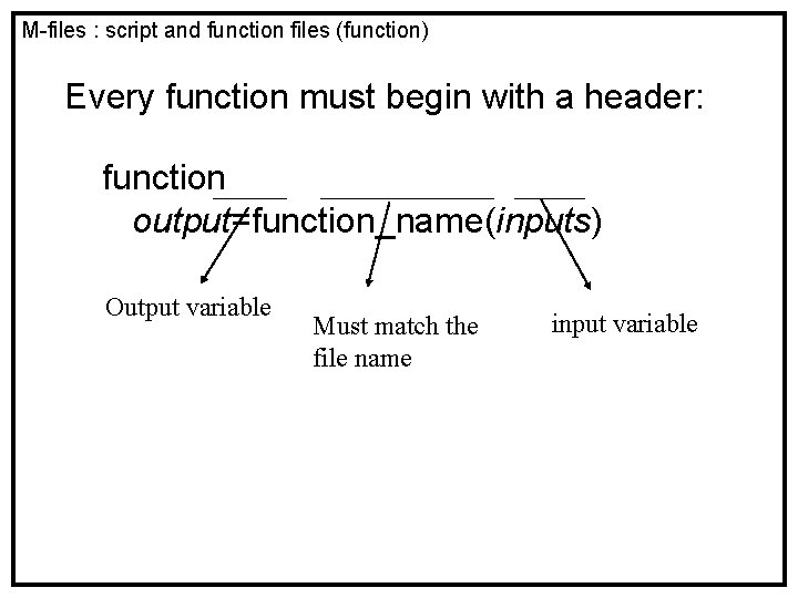 M-files : script and function files (function) Every function must begin with a header: