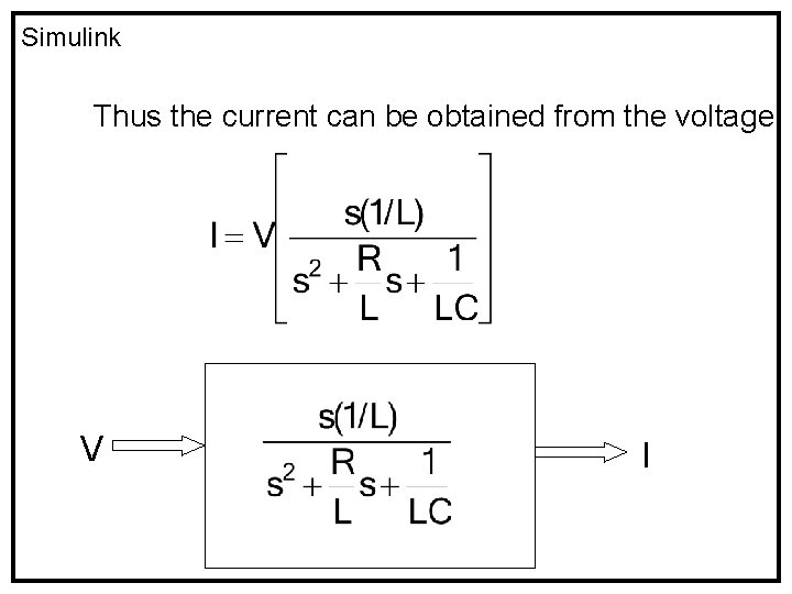 Simulink Thus the current can be obtained from the voltage: V I 