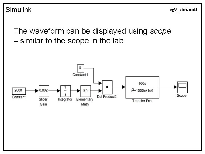 Simulink eg 9_sim. mdl The waveform can be displayed using scope – similar to