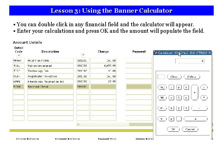 Lesson 3: Using the Banner Calculator • You can double click in any financial