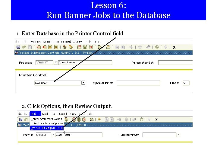 Lesson 6: Run Banner Jobs to the Database 1. Enter Database in the Printer