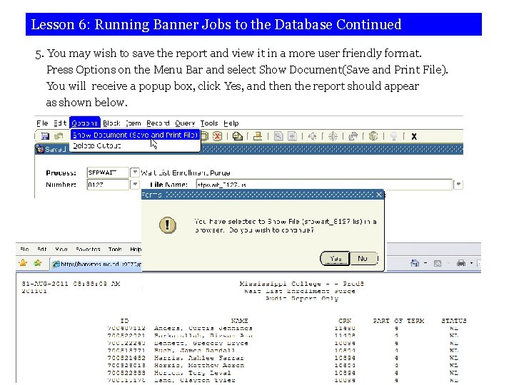 Lesson 6: Running Banner Jobs to the Database Continued 5. You may wish to