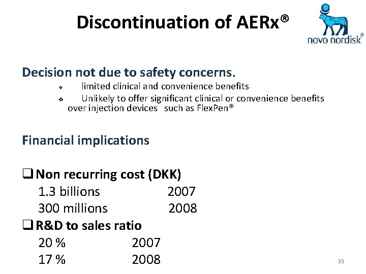 Discontinuation of AERx® Decision not due to safety concerns. v v limited clinical and