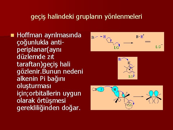  geçiş halindeki grupların yönlenmeleri n Hoffman ayrılmasında çoğunlukla antiperiplanar(aynı düzlemde zıt taraftan)geçiş hali
