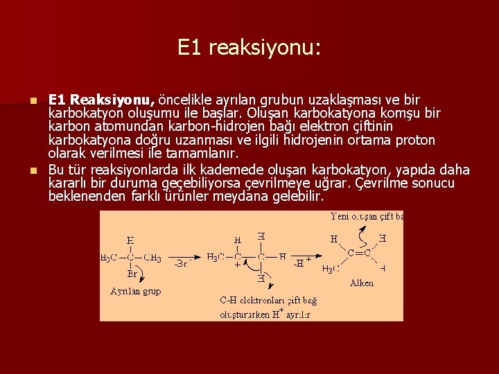 E 1 reaksiyonu: E 1 Reaksiyonu, öncelikle ayrılan grubun uzaklaşması ve bir karbokatyon oluşumu