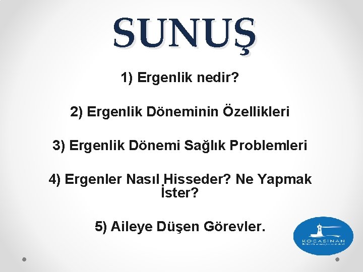 SUNUŞ 1) Ergenlik nedir? 2) Ergenlik Döneminin Özellikleri 3) Ergenlik Dönemi Sağlık Problemleri 4) SUNUŞ 1) Ergenlik nedir? 2) Ergenlik Döneminin Özellikleri 3) Ergenlik Dönemi Sağlık Problemleri 4)