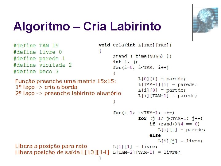 Algoritmo – Cria Labirinto Função preenche uma matriz 15 x 15: 1º laço ->