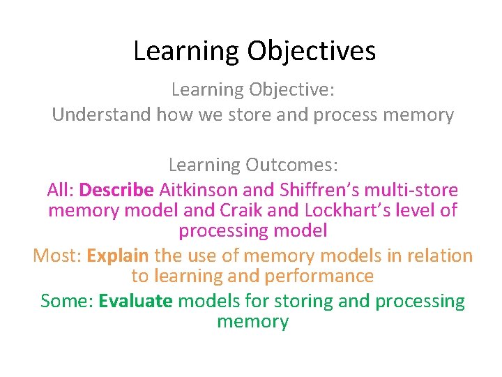 Learning Objectives Learning Objective: Understand how we store and process memory Learning Outcomes: All: