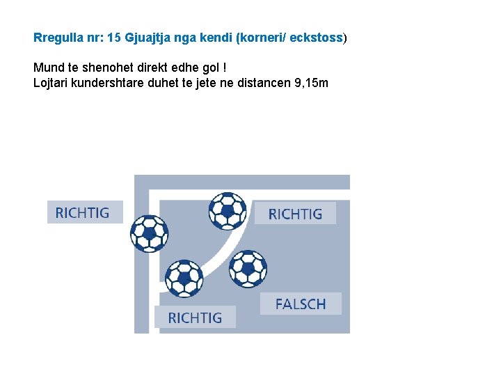 Rregulla nr: 15 Gjuajtja nga kendi (korneri/ eckstoss) Mund te shenohet direkt edhe gol