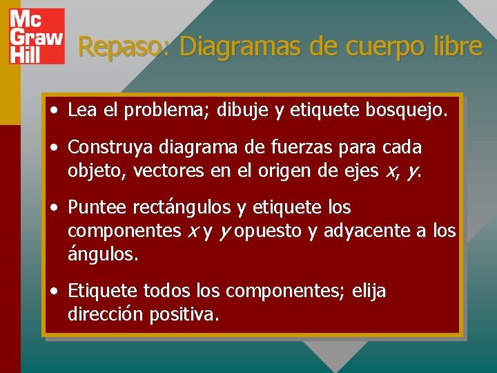 Repaso: Diagramas de cuerpo libre • Lea el problema; dibuje y etiquete bosquejo. •