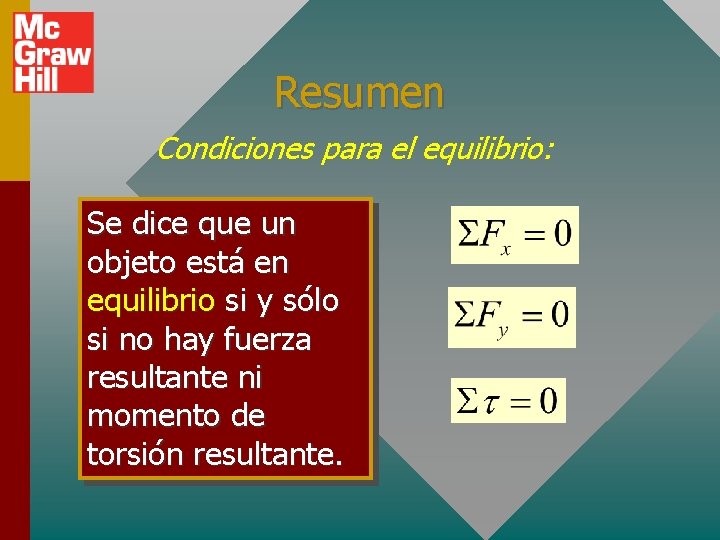 Resumen Condiciones para el equilibrio: Se dice que un objeto está en equilibrio si