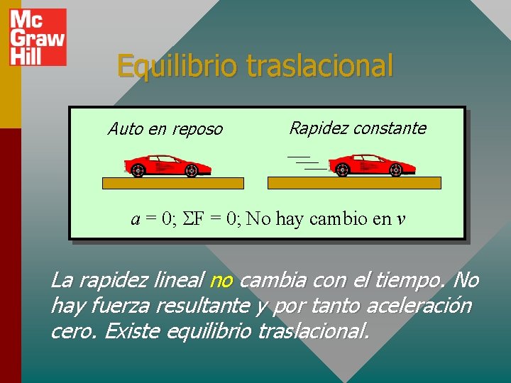 Equilibrio traslacional Auto en reposo Rapidez constante a = 0; SF = 0; No