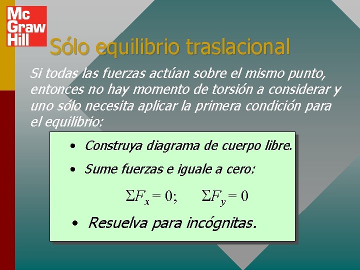 Sólo equilibrio traslacional Si todas las fuerzas actúan sobre el mismo punto, entonces no