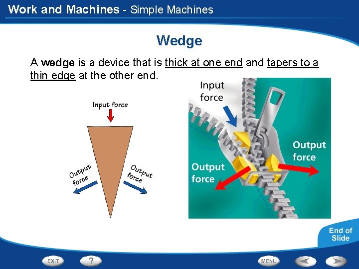 Work and Machines - Simple Machines Wedge A wedge is a device that is