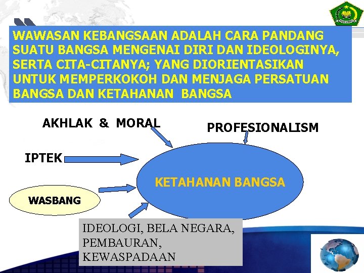 WAWASAN KEBANGSAAN ADALAH CARA PANDANG SUATU BANGSA MENGENAI DIRI DAN IDEOLOGINYA, SERTA CITA-CITANYA; YANG