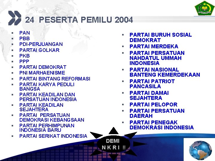 24 PESERTA PEMILU 2004 § § § § PAN PBB PDI-PERJUANGAN PARTAI GOLKAR PKB