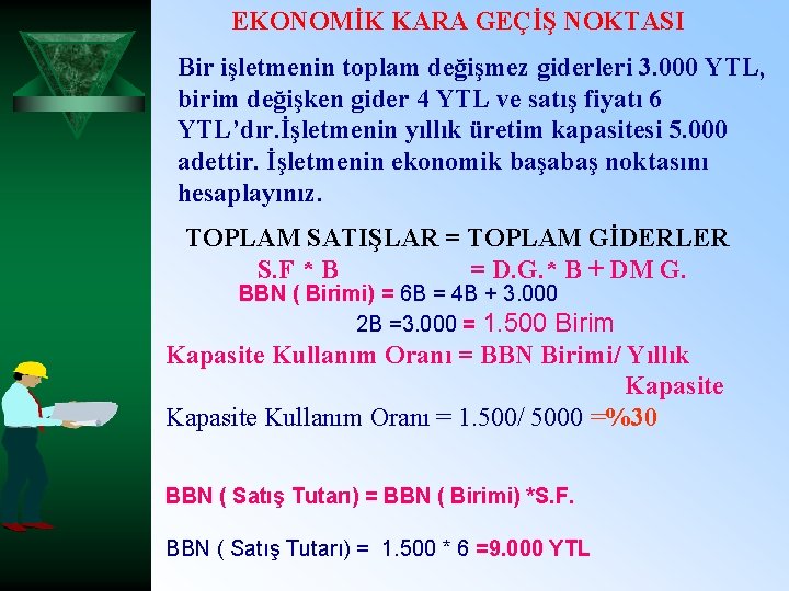 EKONOMİK KARA GEÇİŞ NOKTASI Bir işletmenin toplam değişmez giderleri 3. 000 YTL, birim değişken