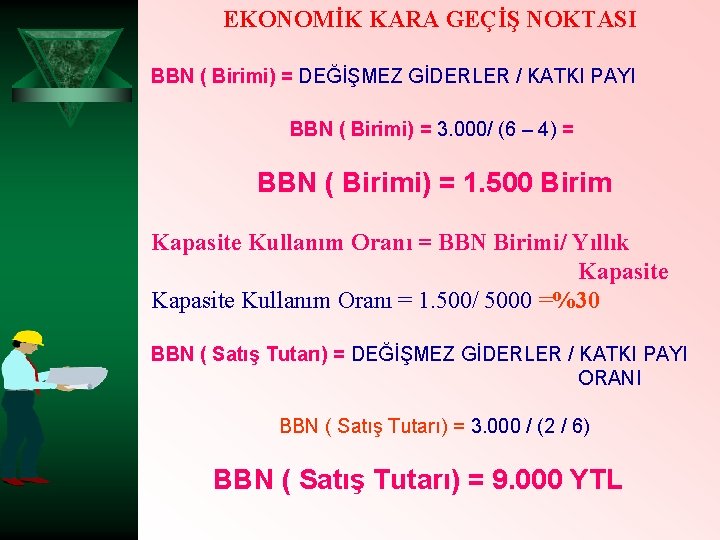 EKONOMİK KARA GEÇİŞ NOKTASI BBN ( Birimi) = DEĞİŞMEZ GİDERLER / KATKI PAYI BBN