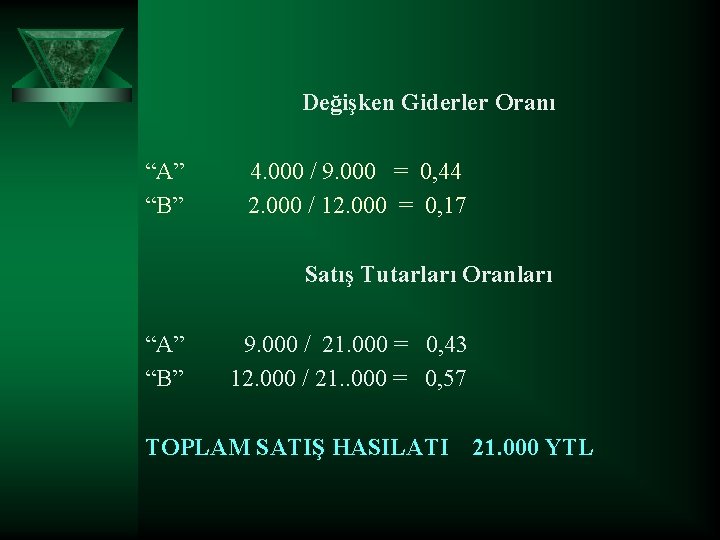 Değişken Giderler Oranı “A” “B” 4. 000 / 9. 000 = 0, 44 2.