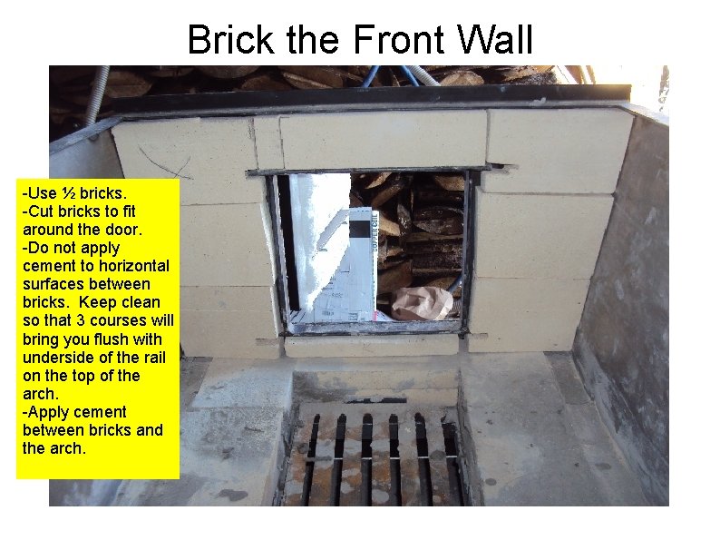 Brick the Front Wall -Use ½ bricks. -Cut bricks to fit around the door.