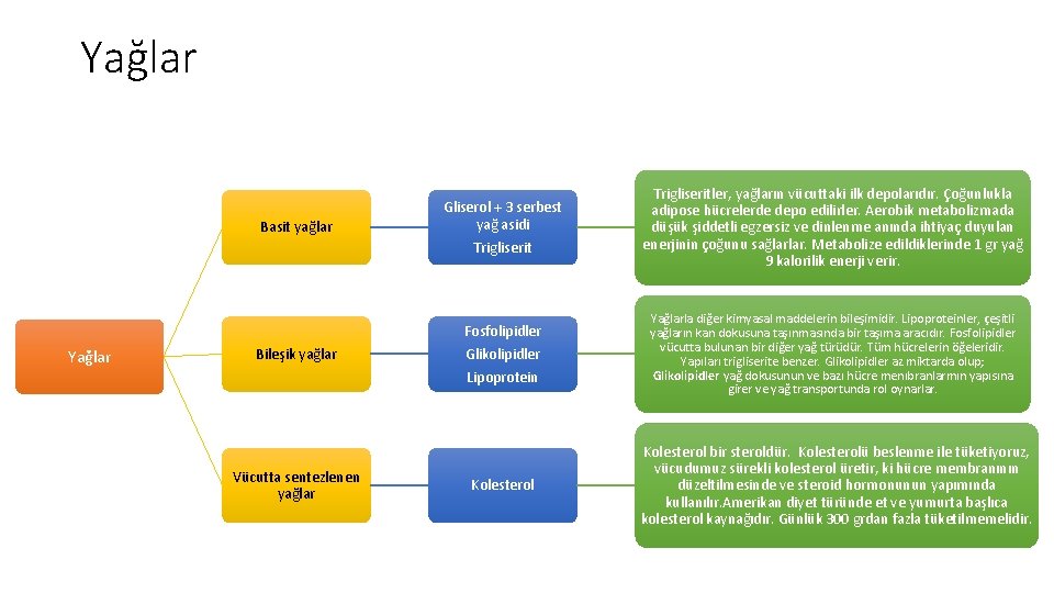 Yağlar Basit yağlar Gliserol + 3 serbest yağ asidi Trigliserit Fosfolipidler Yağlar Bileşik yağlar