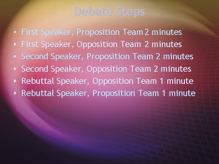 Debate Steps s s s First Speaker, Proposition Team 2 minutes First Speaker, Opposition