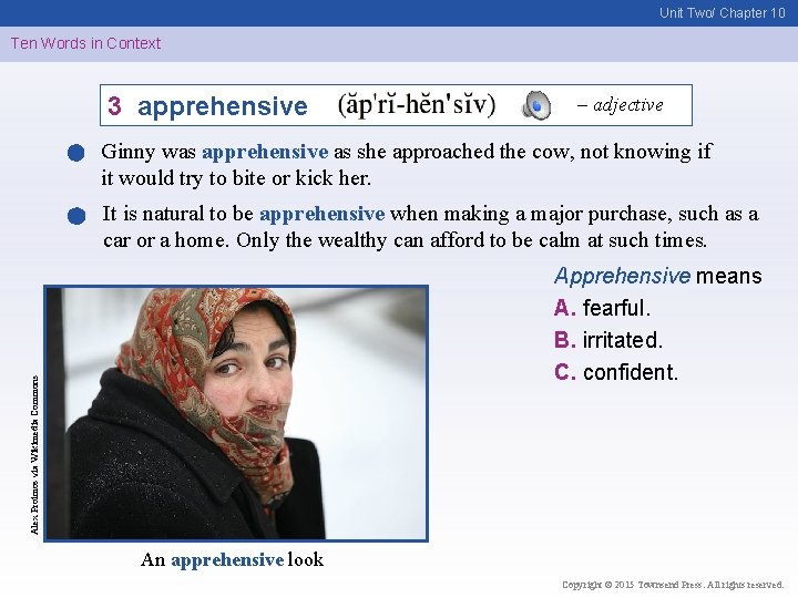 Unit Two/ Chapter 10 Ten Words in Context 3 apprehensive – adjective Ginny was