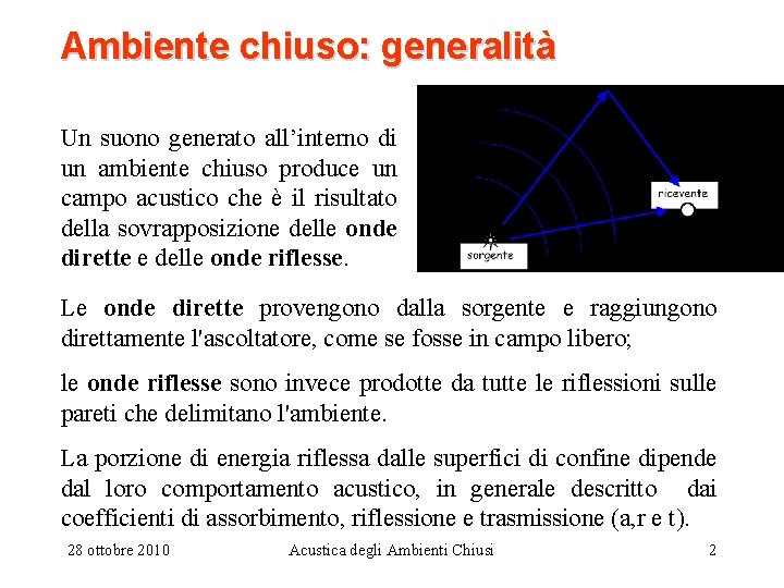 Ambiente chiuso: generalità Un suono generato all’interno di un ambiente chiuso produce un campo