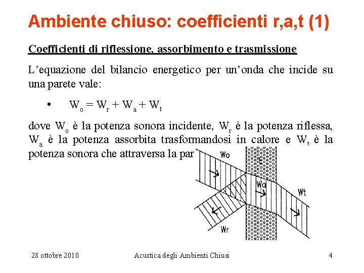 Ambiente chiuso: coefficienti r, a, t (1) Coefficienti di riflessione, assorbimento e trasmissione L’equazione