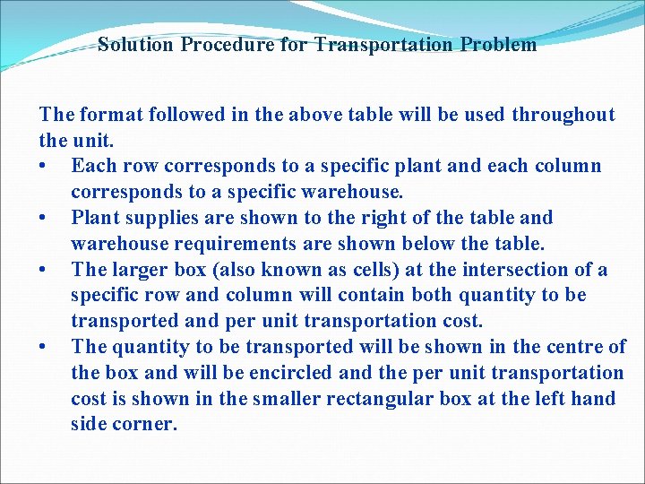 Solution Procedure for Transportation Problem The format followed in the above table will be