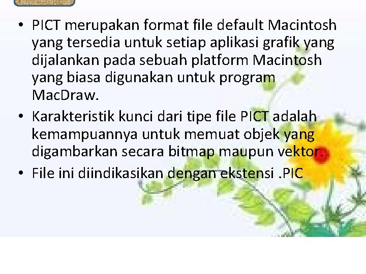  • PICT merupakan format file default Macintosh yang tersedia untuk setiap aplikasi grafik