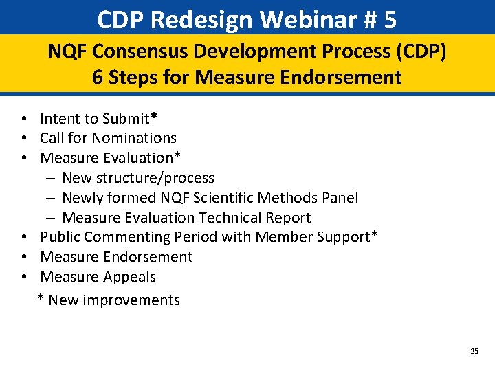 CDP Redesign Webinar # 5 NQF Consensus Development Process (CDP) 6 Steps for Measure