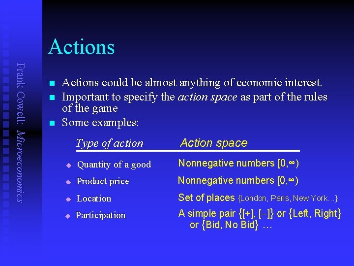 Actions Frank Cowell: Microeconomics n n n Actions could be almost anything of economic