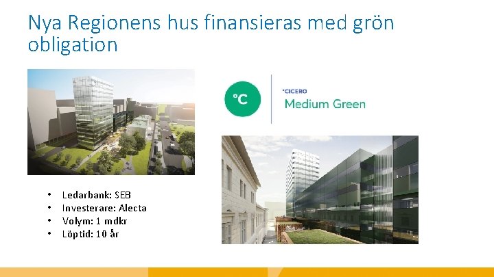 Nya Regionens hus finansieras med grön obligation • • Ledarbank: SEB Investerare: Alecta Volym: